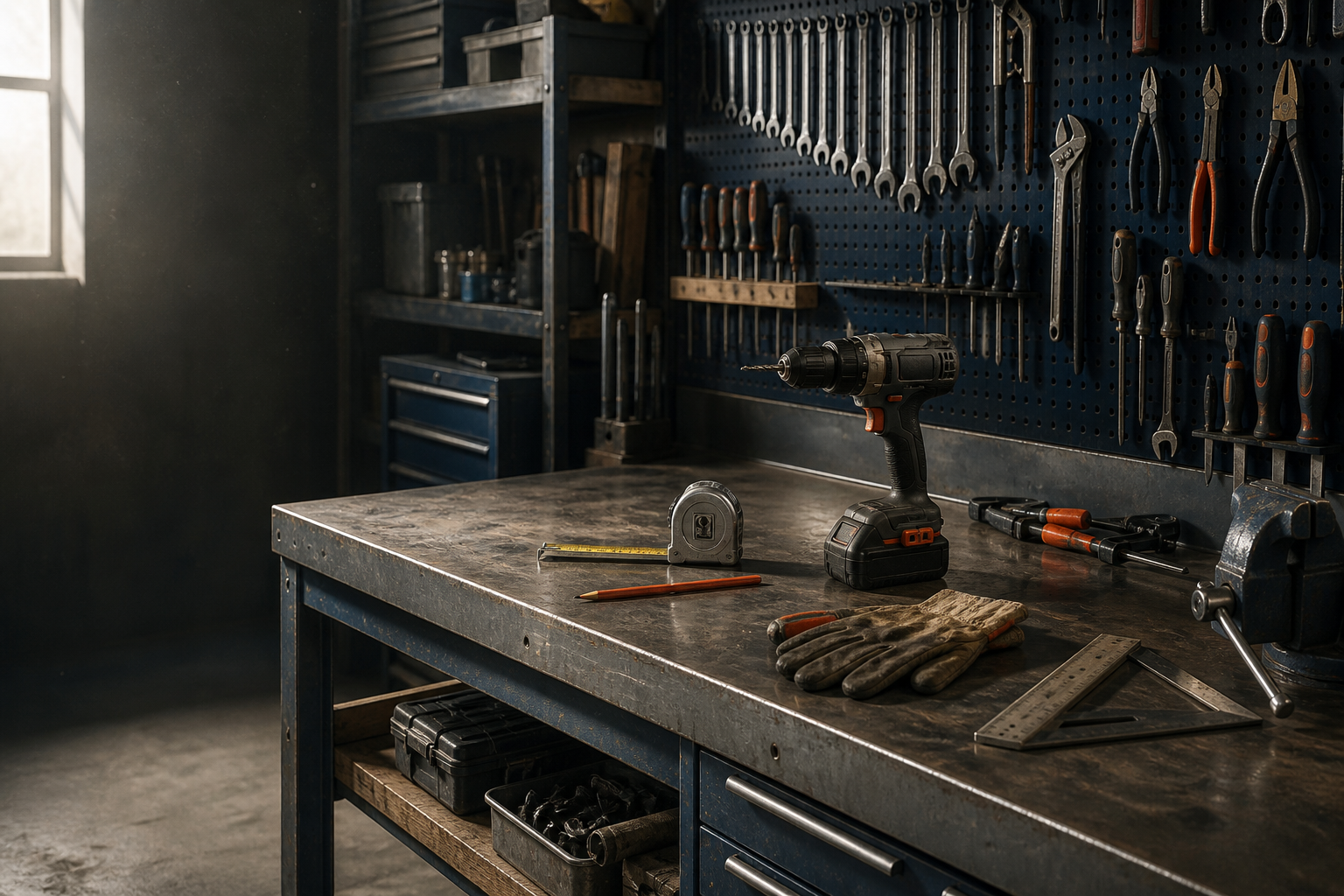 A well-equipped workshop bench with hand tools and a cordless drill